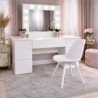 Masa de toaleta/machiaj, Antonia + scaun Mark, alb, cu oglinda si LED-uri, 155x42x135 cm
