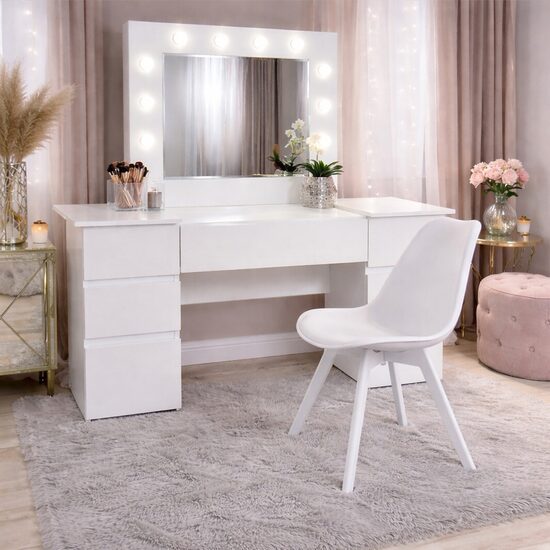 Masa de toaleta/machiaj, Antonia + scaun Mark, alb, cu oglinda si LED-uri, 155x42x135 cm