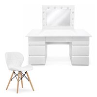 Masa de toaleta/machiaj, Vanessa + scaun Lago, alb, cu oglinda si LED-uri, 130x43x143 cm