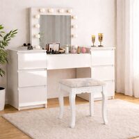 Masa de toaleta/machiaj, Antonia, sertare lucioase + taburet Vintage, alb, cu oglinda si LED-uri, 155x42x135 cm
