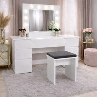 Masa de toaleta/machiaj, Antonia + taburet, alb, cu oglinda si LED-uri, 155x42x135 cm