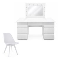 Masa de toaleta/machiaj, Vanessa + scaun Mark, alb, cu oglinda si LED-uri, 130x43x143 cm