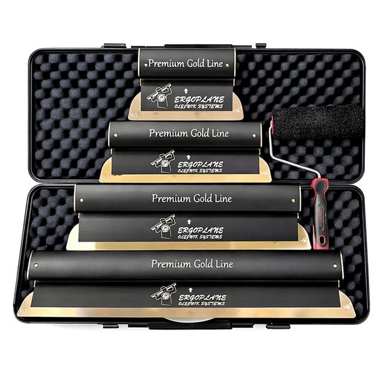 Set 4 gletiere profesionale, lama inox 0.3 mm, Premium Gold, 25, 40, 60, 80 cm, rola gletuit, geanta, Ergoplane, Olejnik