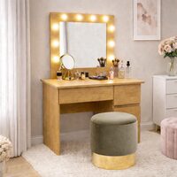 Masa de toaleta/machiaj, Irina, stejar + taburet, bej, cu oglinda si LED-uri, 94x43x141 cm