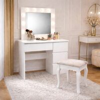 Masa de toaleta/machiaj, Irina + taburet Vintage, alb, cu oglinda si LED-uri, 94x43x141 cm