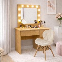 Masa de toaleta/machiaj, Irina, stejar + scaun Lago, bej, cu oglinda si LED-uri, 94x43x141 cm