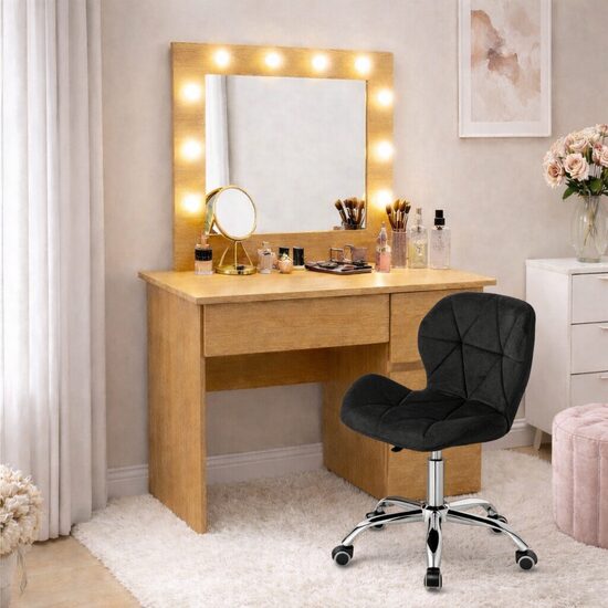 Masa de toaleta/machiaj, Irina, stejar + scaun Avola, negru, cu oglinda si LED-uri, 94x43x141 cm