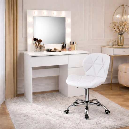 Masa de toaleta/machiaj, Irina + scaun Avola, alb, cu oglinda si LED-uri, 94x43x141 cm