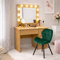 Masa de toaleta/machiaj, Irina, stejar + scaun Lago, verde, cu oglinda si LED-uri, 94x43x141 cm