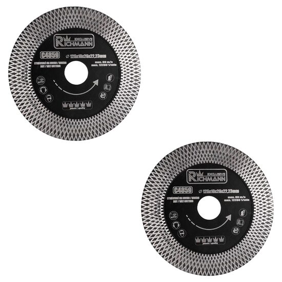 Set 2 discuri diamantate turbo subtire, dublu segmentat, placi ceramice, taiere umeda si uscata, 125x10x20x22.23 mm, Richmann Exclusive