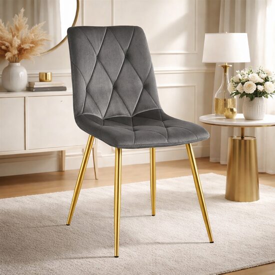 Scaun bucatarie/living, Artool, Libra, catifea gri inchis, picioare metal auriu, 45x54x86.5 cm