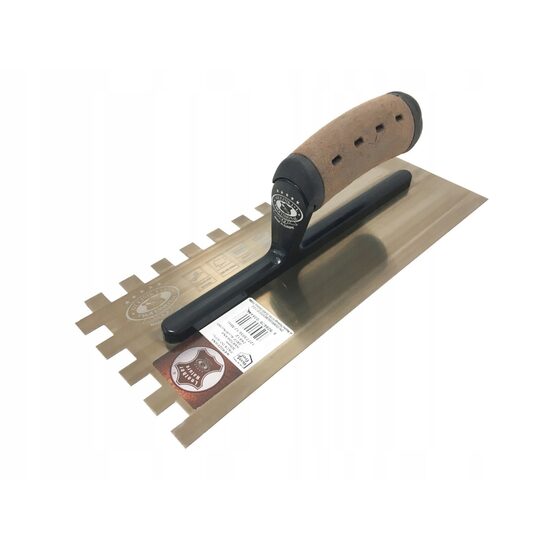 Gletiera inox, intarita, cu zimti 12x12, Premium Gold, 40.6x12 cm x 0.65 mm, maner piele Alcantara, Olejnik