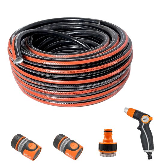 Furtun de gradina, 4 straturi, flexibil, ranforsat, 3/4", 50 m, cuple, adaptor, pistol stropit, Richmann Exclusive