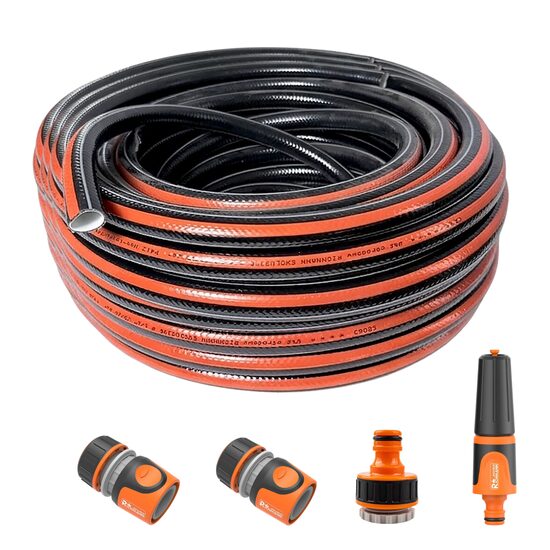Furtun de gradina, 4 straturi, flexibil, ranforsat, 3/4", 25 m, cuple, adaptor, duza stropit, Richmann Exclusive