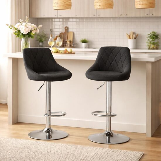 Set 2 scaune de bucatarie/bar, Artool, Kast, rotativ, catifea neagra, picior metal argintiu, 45.5x49x85-105 cm