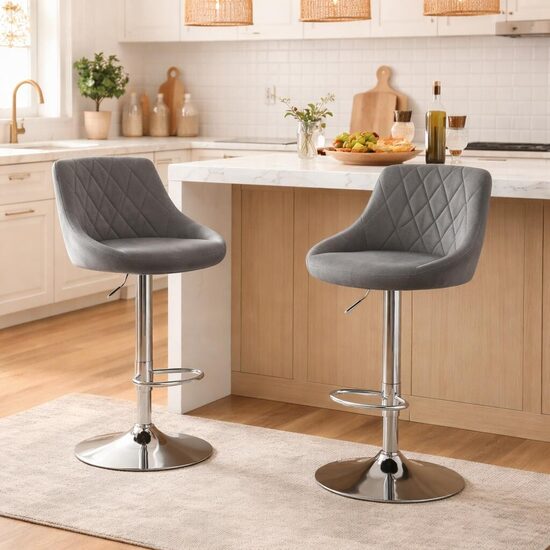 Set 2 scaune de bucatarie/bar, Artool, Kast, rotativ, catifea gri, picior metal argintiu, 45.5x49x85-105 cm