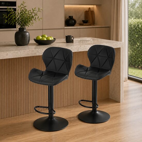 Artool Set 2 scaune de bucatarie/bar, Artool, West, rotativ, piele ecologica neagra, picior metal negru, 46x48.5x90-111 cm
