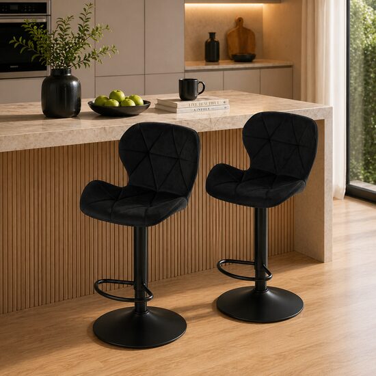 Artool Set 2 scaune de bucatarie/bar, Artool, West, rotativ, catifea neagra, picior metal negru, 46x48.5x90-111 cm