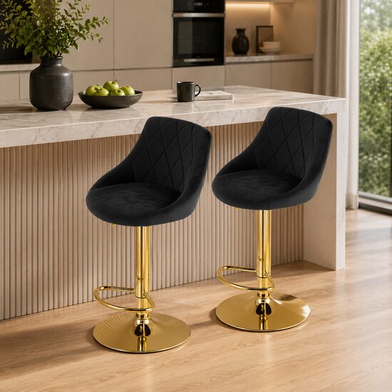 Artool Set 2 scaune de bucatarie/bar, Artool, Kast, rotativ, catifea neagra, picior metal auriu, 45.5x49x85-105 cm