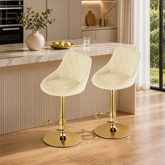 Artool Set 2 scaune de bucatarie/bar, Artool, Kast, rotativ, catifea bej, picior metal auriu, 45.5x49x85-105 cm