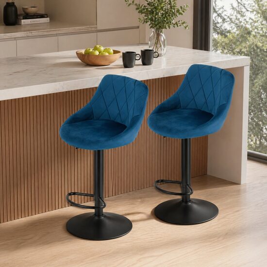Artool Set 2 scaune de bucatarie/bar, Artool, Kast, rotativ, catifea bleumarin, picior metal negru, 45.5x49x85-105 cm