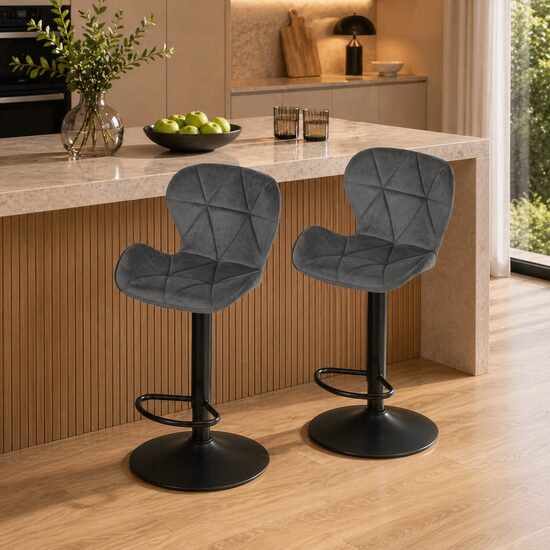 Artool Set 2 scaune de bucatarie/bar, Artool, West, rotativ, catifea gri, picior metal negru, 46x48.5x90-111 cm