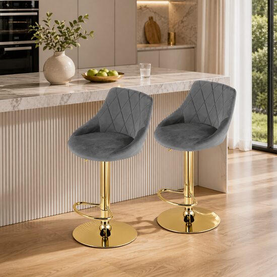 Artool Set 2 scaune de bucatarie/bar, Artool, Kast, rotativ, catifea gri, picior metal auriu, 45.5x49x85-105 cm