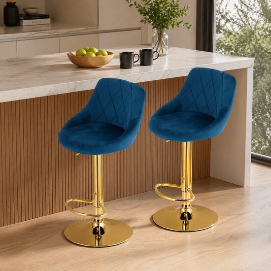 Artool Set 2 scaune de bucatarie/bar, Artool, Kast, rotativ, catifea bleumarin, picior metal auriu, 45.5x49x85-105 cm