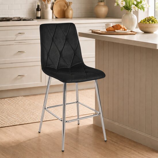 Scaun de bucatarie/bar, Artool, Libra, catifea neagra, picioare metal argintiu, 52x56x112 cm