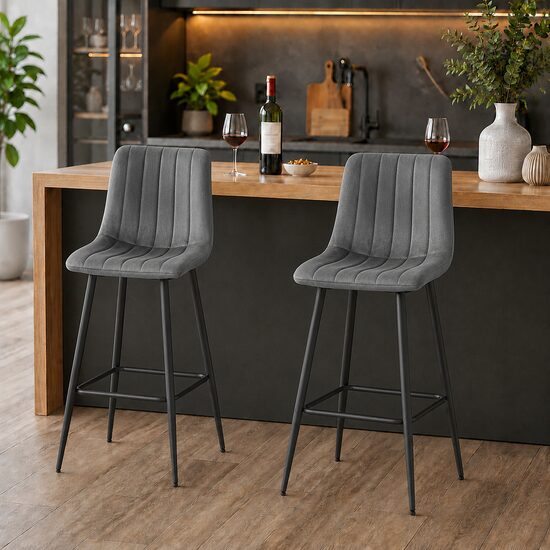 Set 2 scaune de bucatarie/bar, Artool, Pozza, catifea gri inchis, picioare metal negru, 43x35x104 cm