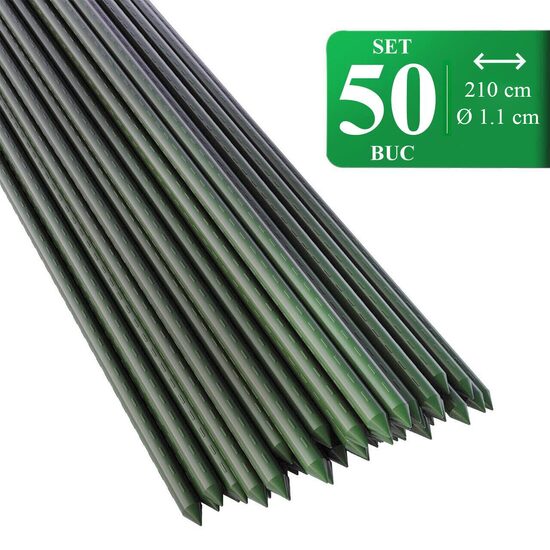 Set 50 araci de gradina, suport pentru rosii, castraveti si fasole, metal acoperit cu PVC, rezistenti la rugina, verde, 210x1.1 cm, Artool