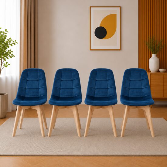 Set 4 scaune bucatarie/living, Artool, Bora, catifea albastra, picioare lemn natur, 44.5x54x81.5 cm