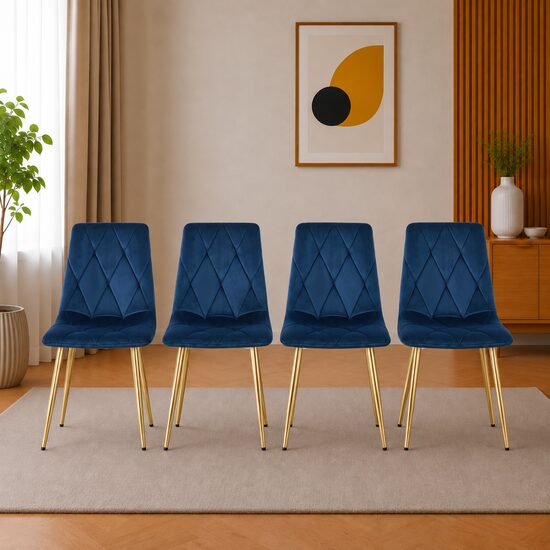 Set 4 scaune bucatarie/living, Artool, Libra, catifea bleumarin, picioare metal auriu, 45x54x86.5 cm