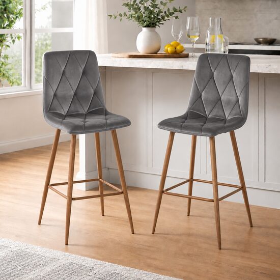 Set 2 scaune de bucatarie/bar, Artool, Libra, catifea gri inchis, picioare metal natur, 52x56x112 cm