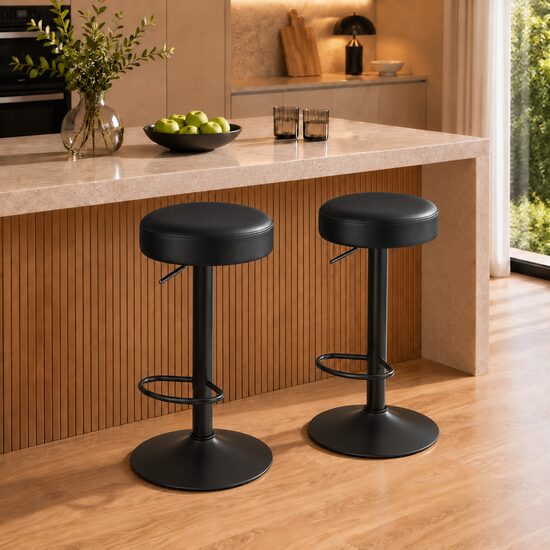 Set 2 scaune de bucatarie/bar, Artool, Rojst, rotativ, piele ecologica neagra, picior metal negru, 38x38x62-83 cm