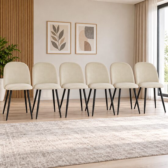Set 6 scaune bucatarie/living, Artool, Bello, catifea bej, picioare metal negru, 46x42.5x76.5 cm