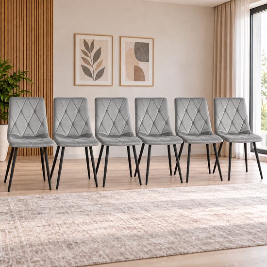 Set 6 scaune bucatarie/living, Artool, Libra, catifea gri, picioare metal negru, 44x40x88.5 cm