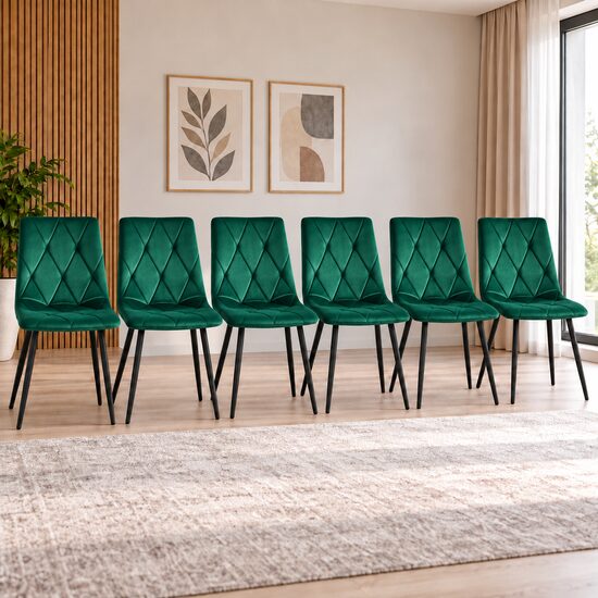 Set 6 scaune bucatarie/living, Artool, Libra, catifea verde, picioare metal negru, 44x40x88.5 cm
