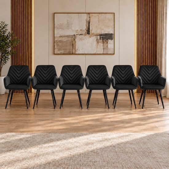 Set 6 scaune tip fotoliu bucatarie/living, Artool, Nana, catifea neagra, picioare metal negru, 54x61x83.5 cm