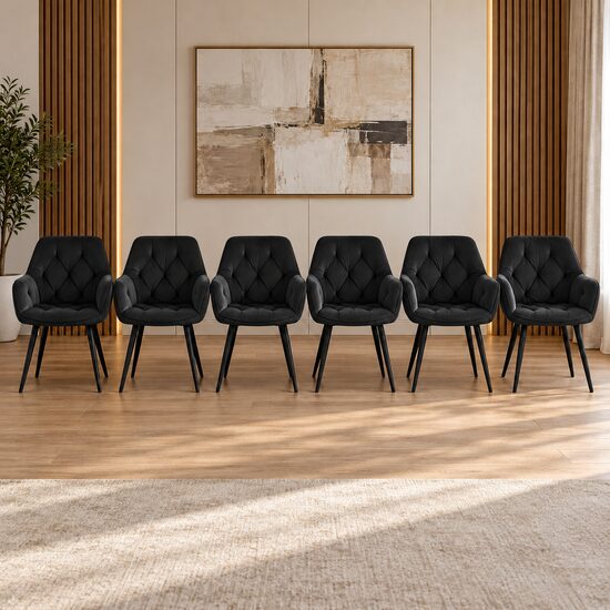 Set 6 scaune tip fotoliu bucatarie/living, Artool, York, catifea neagra, picioare metal negru, 56x62x83.5 cm