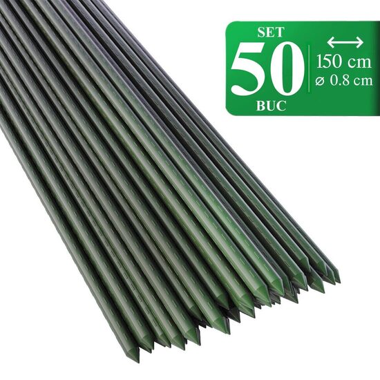 Set 50 araci gradina, suport pentru fasole, mazare, ardei si plante cataratoare, otel acoperit cu PVC, rezistenti la rugina, verde, 150x0.8 cm, Artool