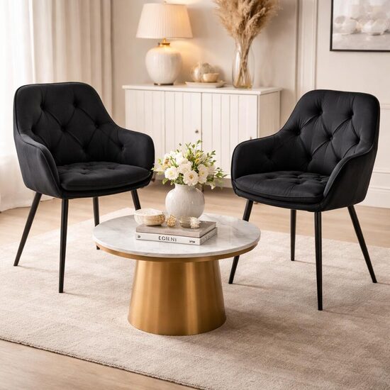 Set 2 scaune tip fotoliu bucatarie/living, Artool, York, catifea neagra, picioare metal negru, 56x62x83.5 cm