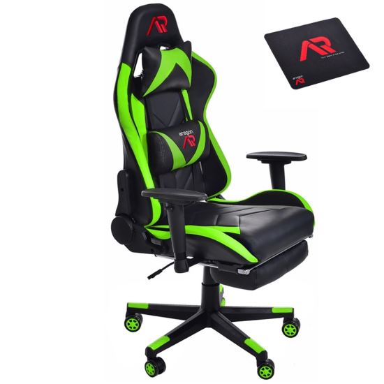 Scaun de gaming verde-negru cu suport de picioare + mousepad cadou