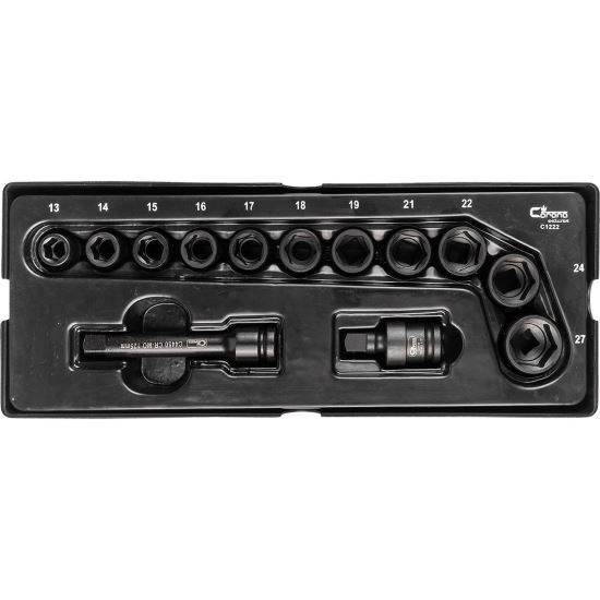 Set capete tubulare de impact scurte, cu prelungitor, sertar TIP A (385x150 mm) pentru dulap mobil, 13-27 mm, 1/2", 13 elemente, RICHMANN EXCLUSIVE