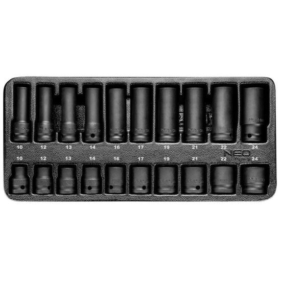 Set capete tubulare de impact lungi si scurte, pentru dulap mobil, 1/2", 10-24 mm, 20 piese, NEO
