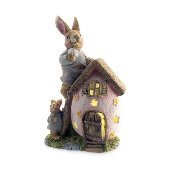 Decoratiune gradina, ceramica, LED, iepure cu casa, 31x22x48 cm