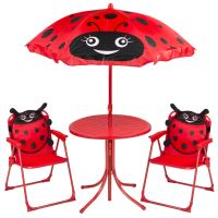 Set mobilier gradina/terasa pentru copii, pliabil, rosu, model buburuza, 1 masa cu umbrela, 2 scaune, Melisenda