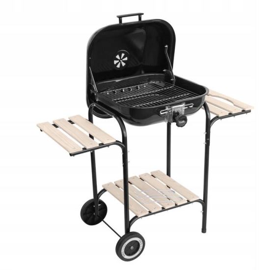 Gratar gradina, grill patrat, cu roti, capac, rafturi, 40x40 cm 