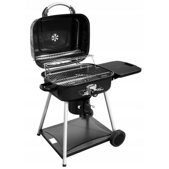 Gratar gradina, grill dreptunghiular, cu roti, capac, raft, 57x45 cm 