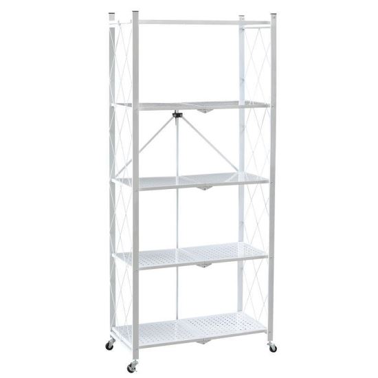 Raft depozitare, metalic, pliabil, pe roti, 5 polite, alb, 50 kg, 72x34x163 cm